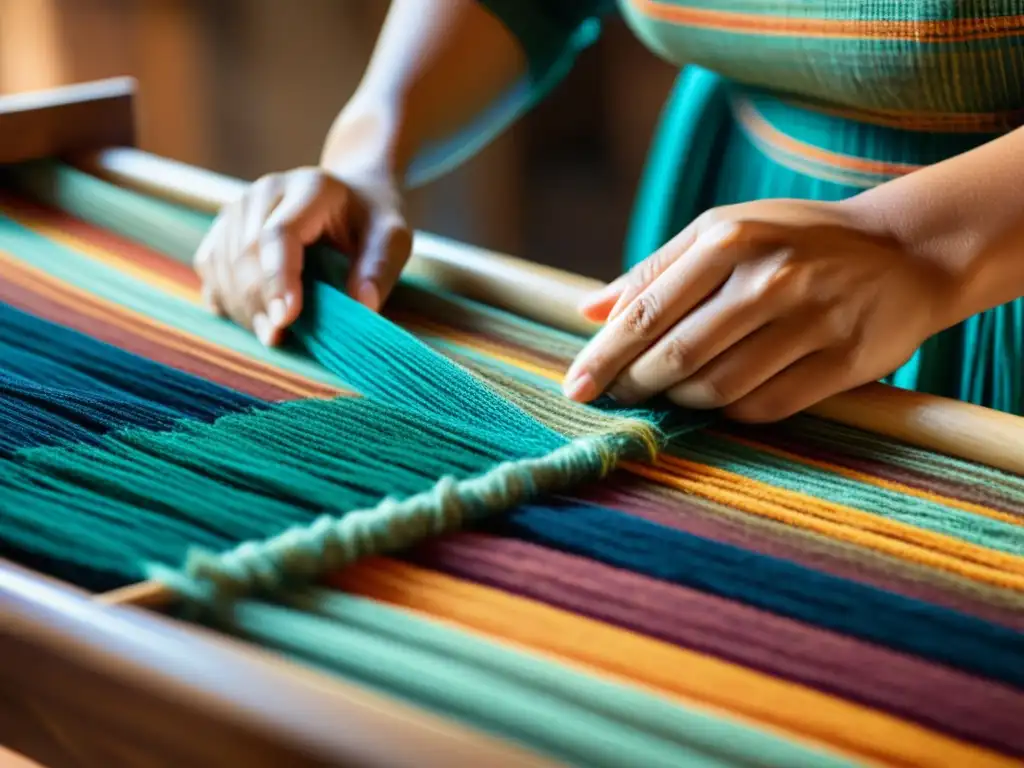 Un hábil artesano teje fibras sostenibles en un patrón textil tradicional, mostrando la artesanía de la economía circular