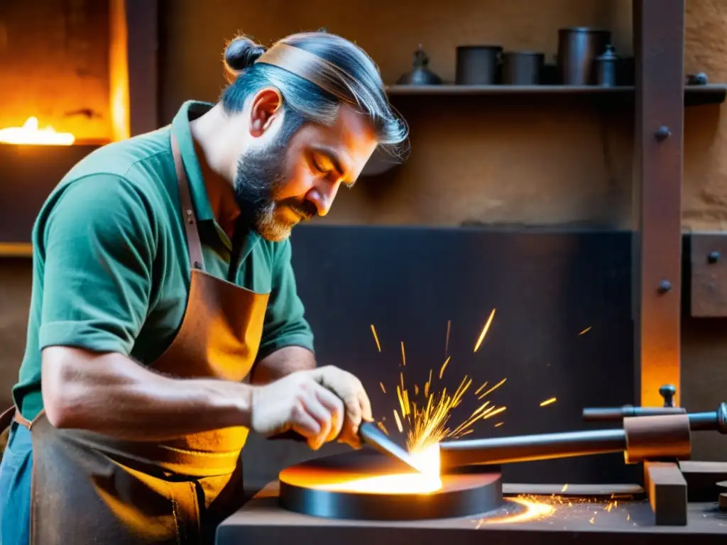 Un hábil artesano forja metal para crear instrumentos musicales, en un taller vintage