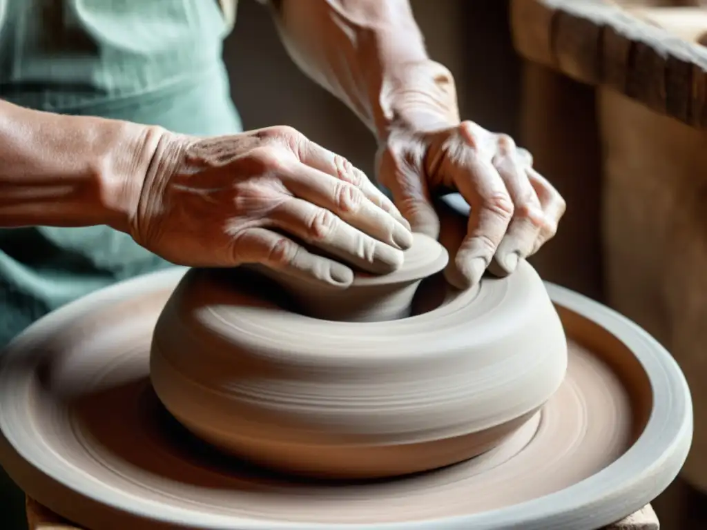 Un hábil artesano da forma a la arcilla en un torno de madera, evocando la tradición de la cerámica