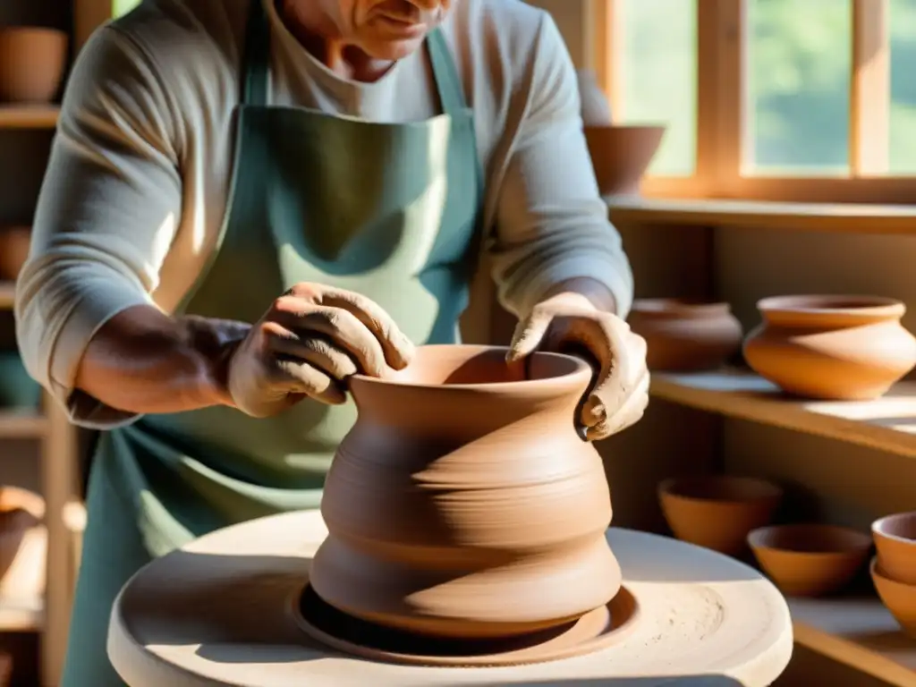 Un hábil artesano da forma a una delicada vasija de barro en un taller soleado, mostrando la atemporal artesanía tradicional