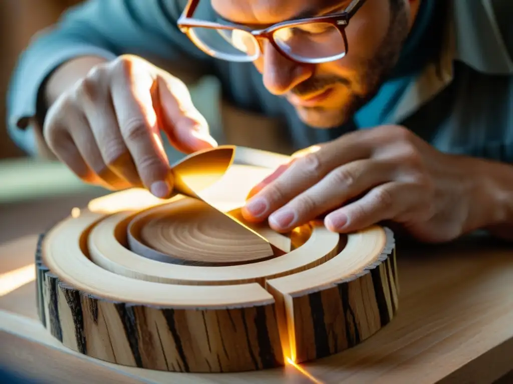 Un hábil artesano da forma a una pieza de madera transparente y flexible con un cálido y natural tono miel