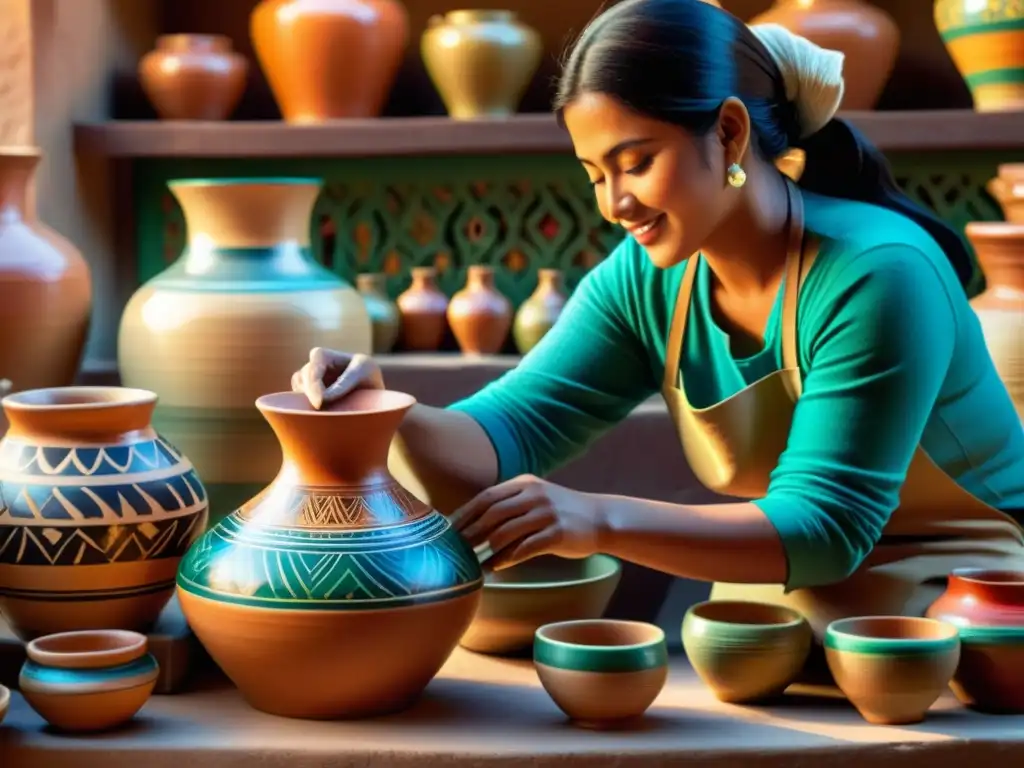 Un hábil artesano crea una hermosa cerámica en un bullicioso mercado, capturando la artesanía tradicional en la era digital