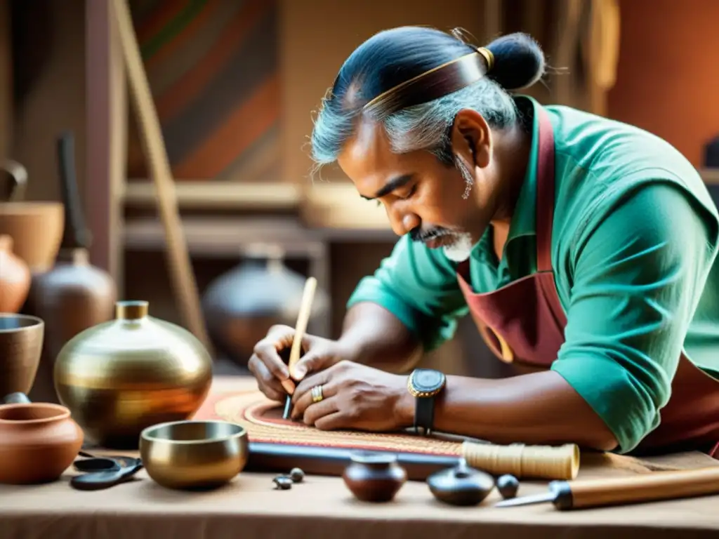 Un hábil artesano crea una hermosa obra de arte en un entorno cultural, rodeado de herramientas y materiales únicos de su oficio