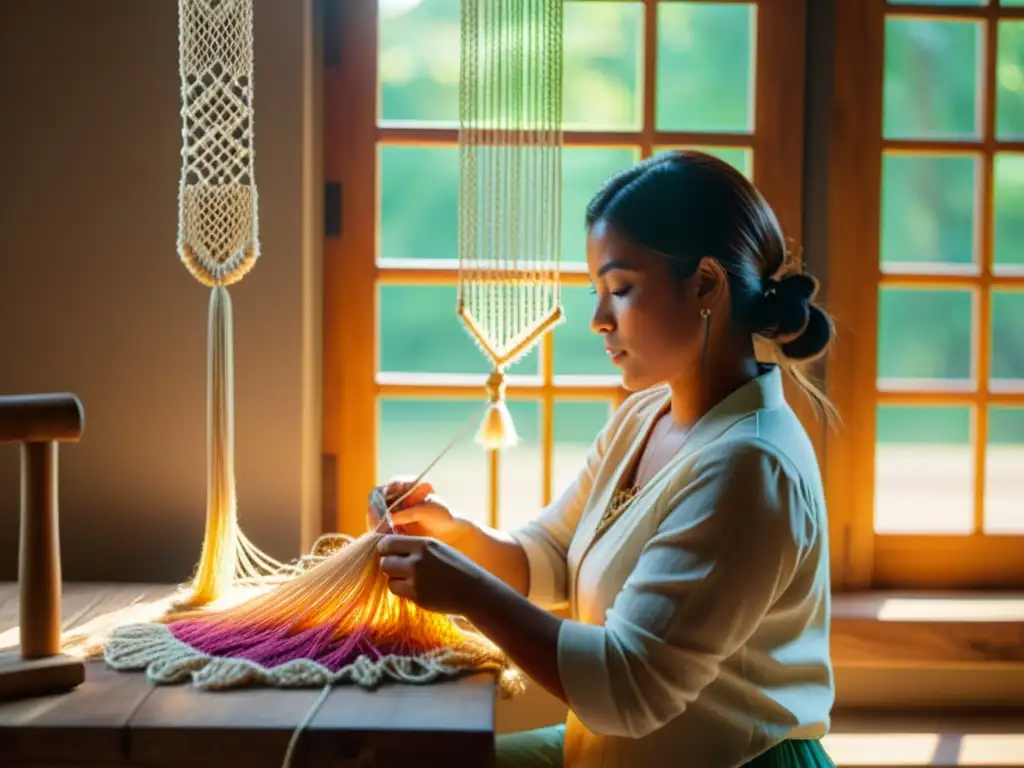 Un hábil artesano crea una hermosa obra de macramé en un cálido taller