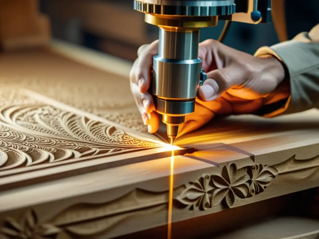 Un hábil artesano talla una hermosa pieza de madera con tecnología CNC, fusionando tradición y modernidad en una imagen de cálida artesanía