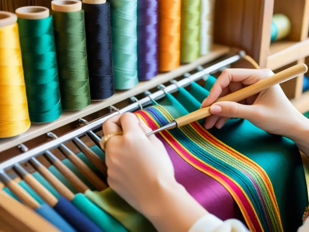 Un hábil artesano tejiendo un hermoso patrón textil, rodeado de hilos y herramientas vintage