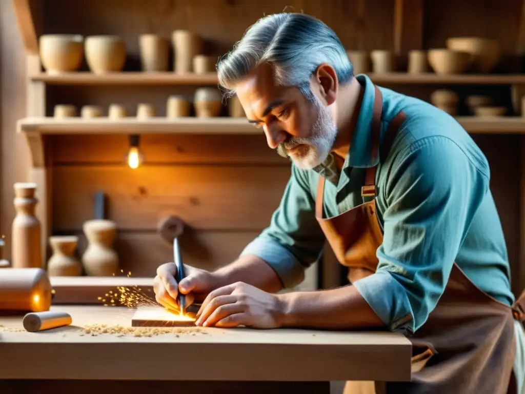 Un hábil artesano talla con herramientas digitales en una mesa de madera vintage, bañado por la cálida luz de la ventana