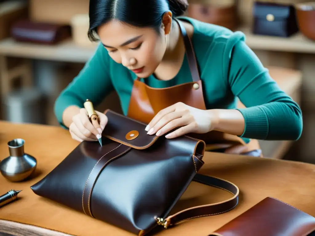 Un hábil artesano utiliza herramientas digitales para diseñar y crear accesorios de cuero en un cálido taller vintage