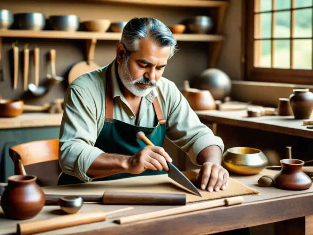 Un hábil artesano trabaja con herramientas y materiales en un ambiente cálido y nostálgico