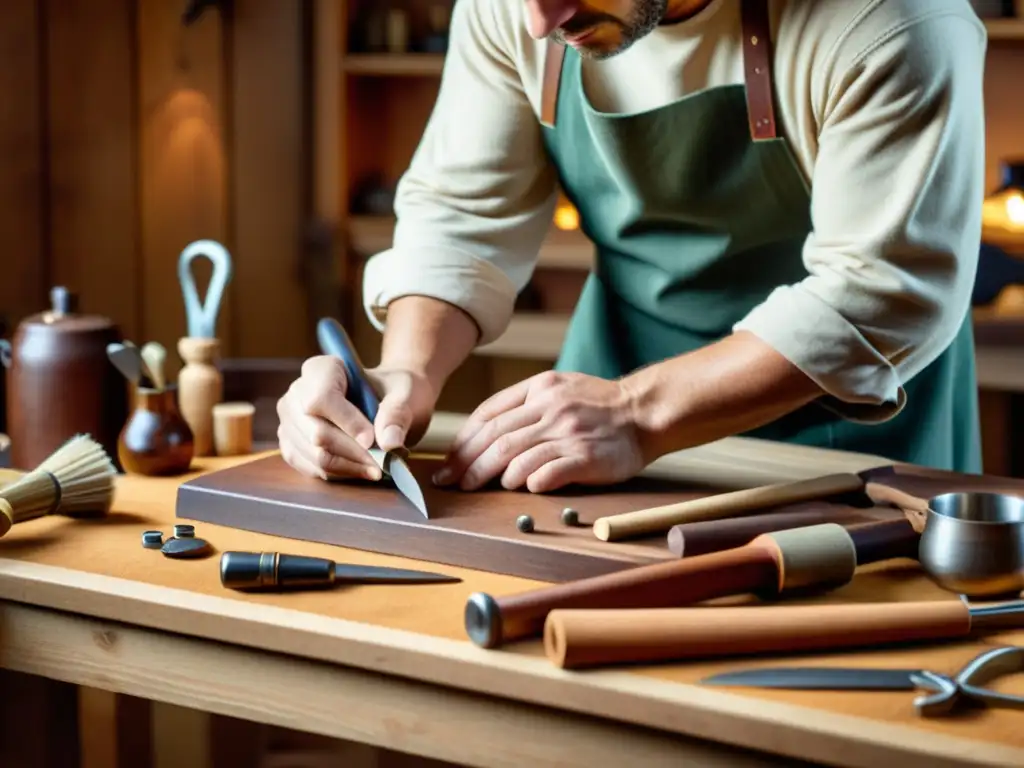 Un hábil artesano trabaja con herramientas tradicionales en un banco de trabajo de madera, creando una pieza detallada