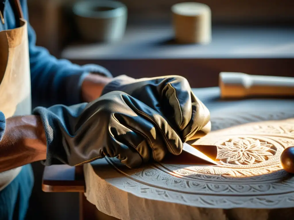 Un hábil artesano talla piedra con herramientas tradicionales, evocando la herencia artesanal en la era digital