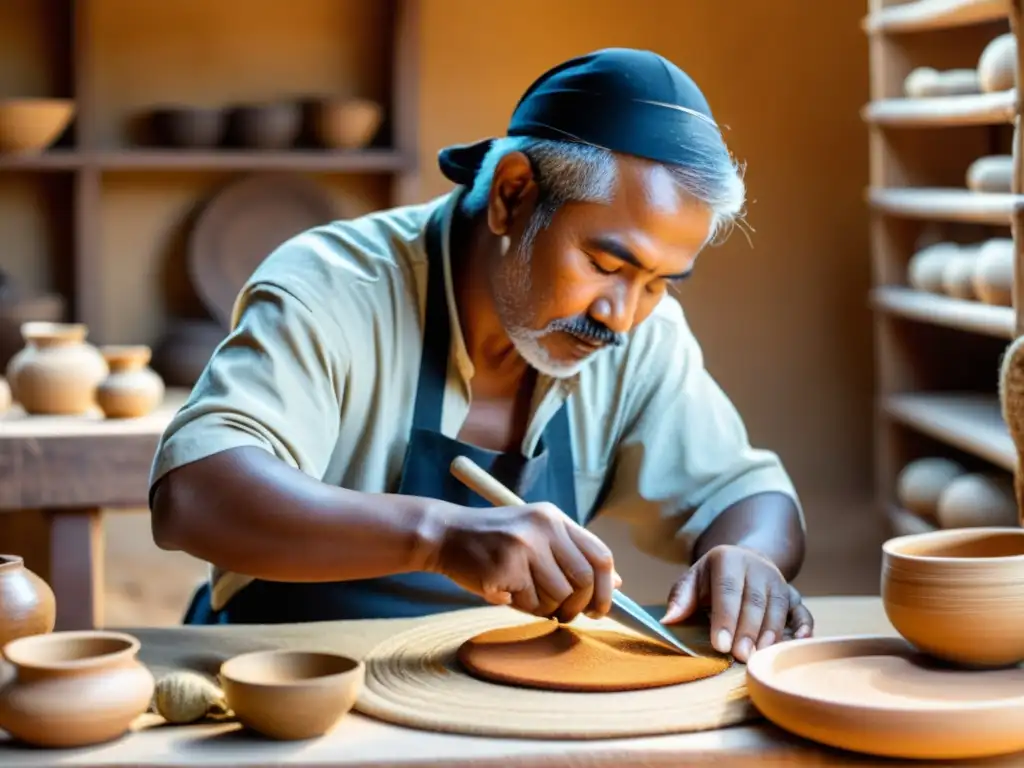 Un hábil artesano utiliza herramientas tradicionales para crear artesanías sostenibles rodeado de materiales naturales