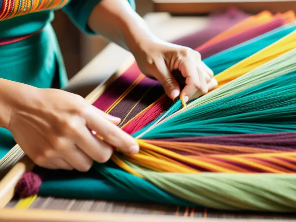 Un hábil artesano entrelaza hilos brillantes en un patrón tradicional, mostrando la integración de textiles tradicionales contemporáneos