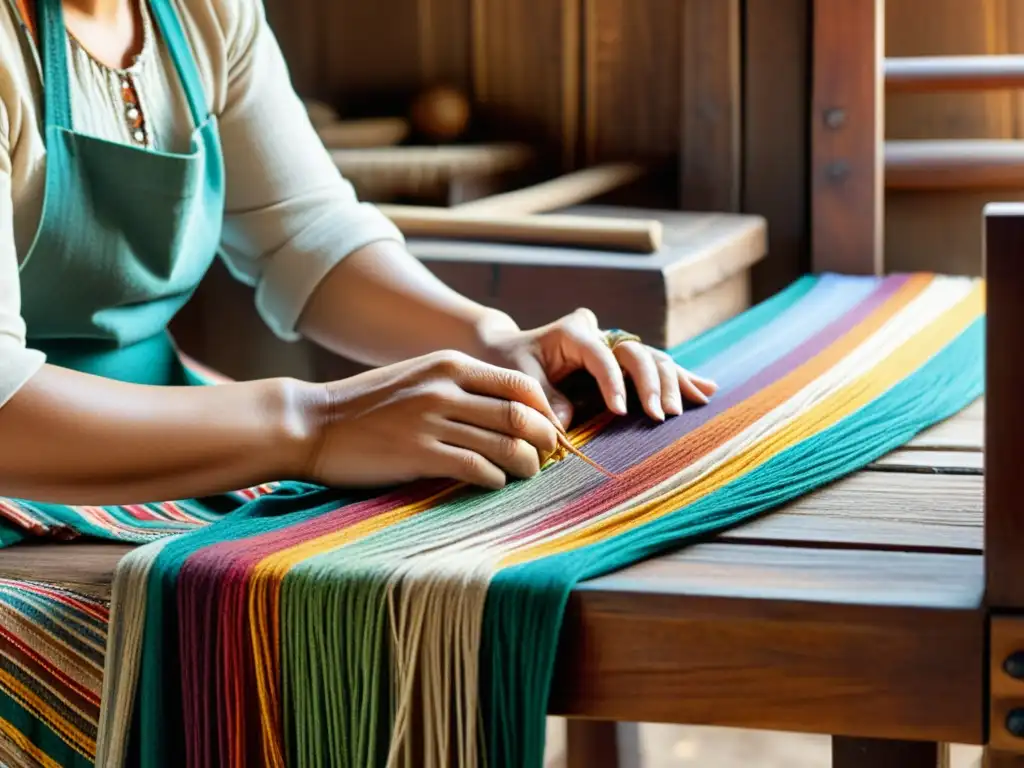 Un hábil artesano teje hilos coloridos en un patrón textil tradicional, rodeado de herramientas de madera y productos de mercado vintage