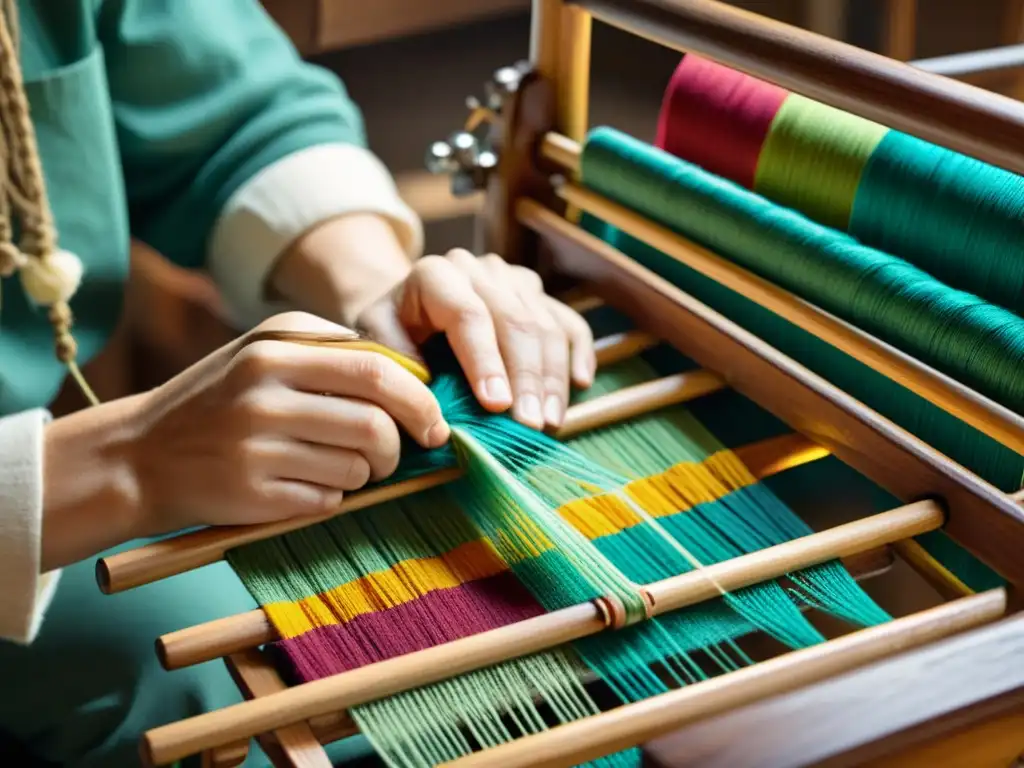 Un hábil artesano teje meticulosamente hilos coloridos en un telar de madera vintage, evocando tradición y artesanía, reduciendo la huella de carbono