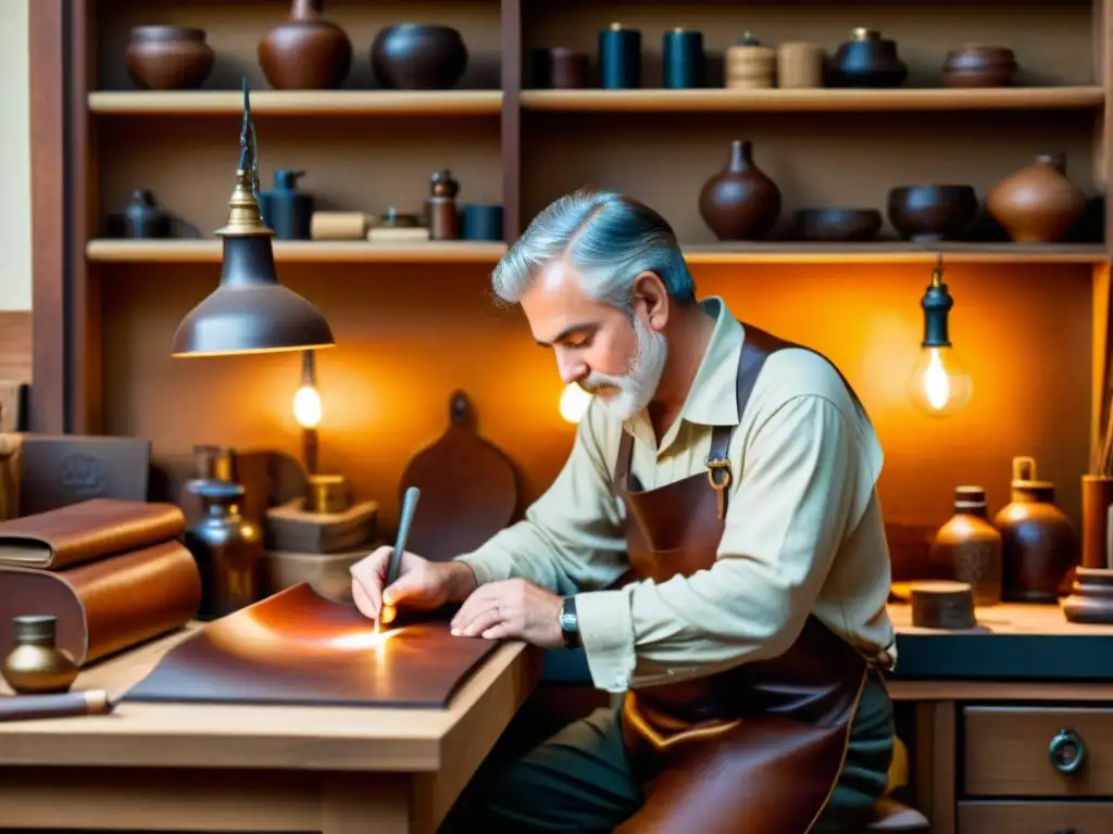 Un hábil artesano talla una historia en cuero con herramientas tradicionales, rodeado de objetos antiguos en un taller cálido