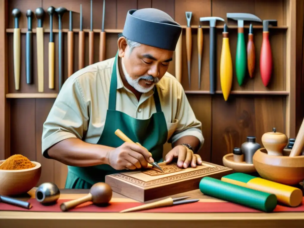 Un hábil artesano talla cuidadosamente un ícono cultural en madera, rodeado de herramientas y materiales artesanales coloridos