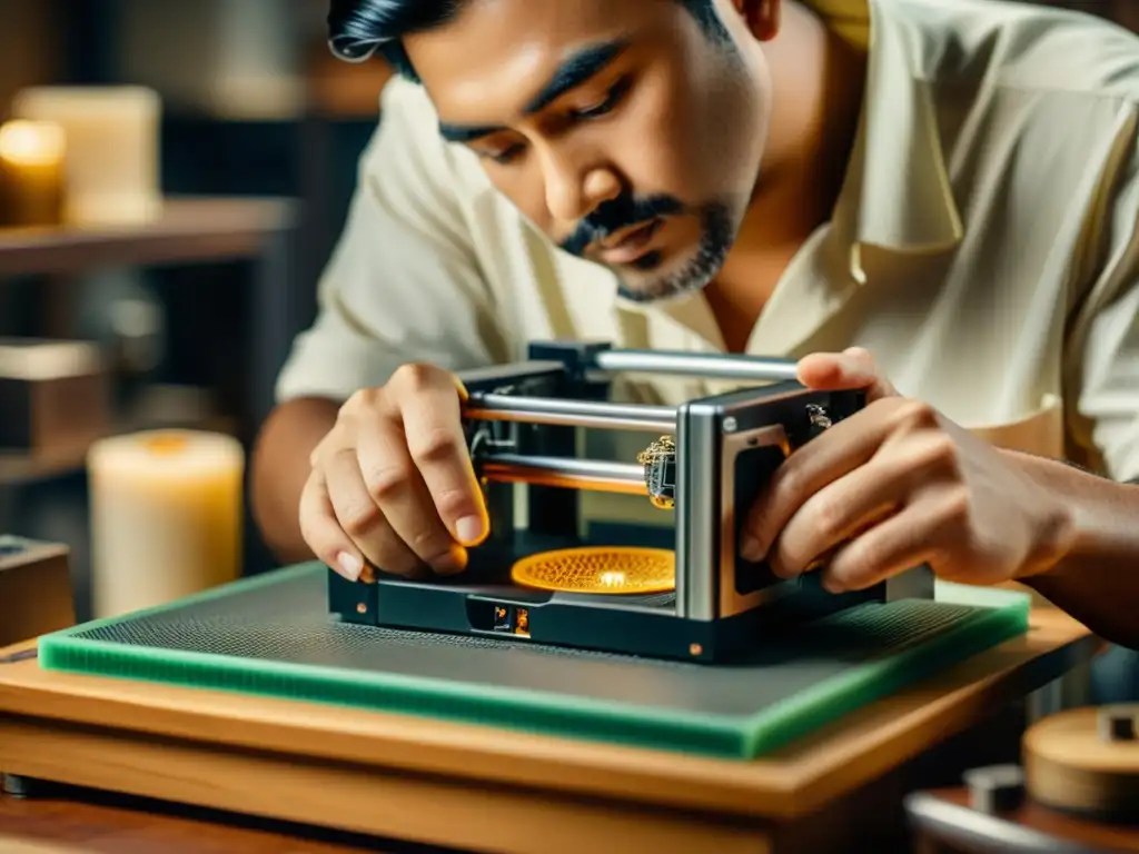 Artesano fusionando arte tradicional y tecnología de vanguardia en joyería Un hábil artesano utiliza una impresora 3D para artesanía personalizada, fusionando tradición y tecnología