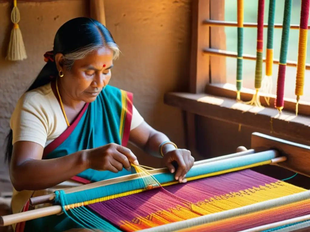 Un hábil artesano indígena teje con cuidado hilos coloridos en un telar tradicional, emergiendo intrincados patrones