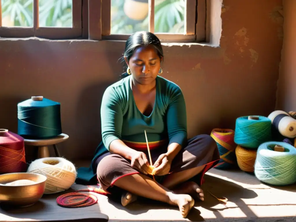 Un hábil artesano indígena teje con destreza, rodeado de hilos vibrantes y herramientas tradicionales, capturando la belleza atemporal de las artesanías indígenas en la era digital