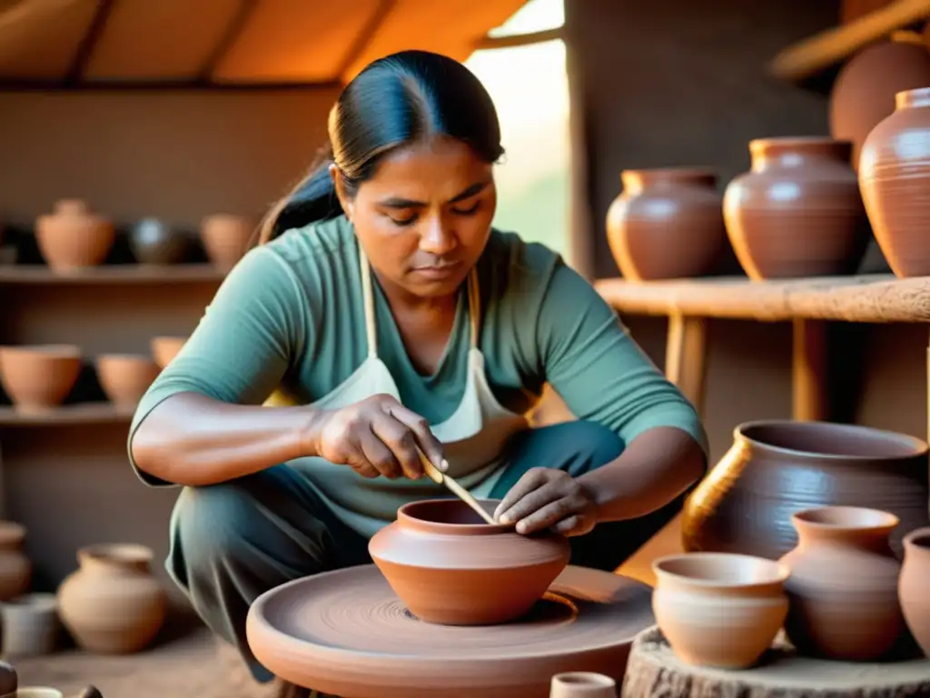 Un hábil artesano indígena preserva su oficio ancestral, creando cerámica tradicional mientras la luz del atardecer baña la escena