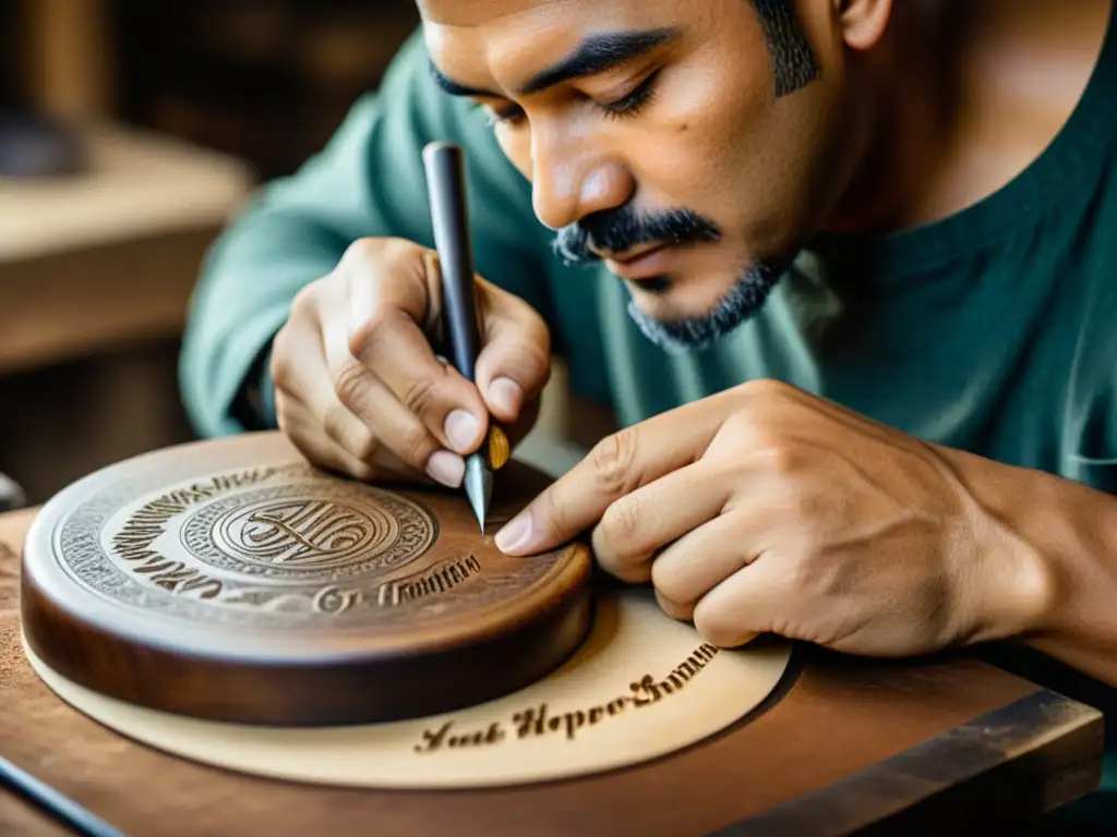 Un hábil artesano graba con intensidad su firma en una pieza, en un taller nostálgico y auténtico