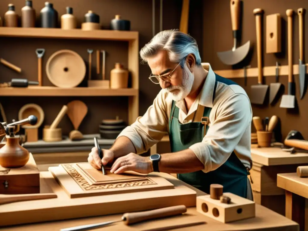 Un hábil artesano talla una intrincada pieza de madera en un taller, rodeado de herramientas tradicionales y dispositivos digitales