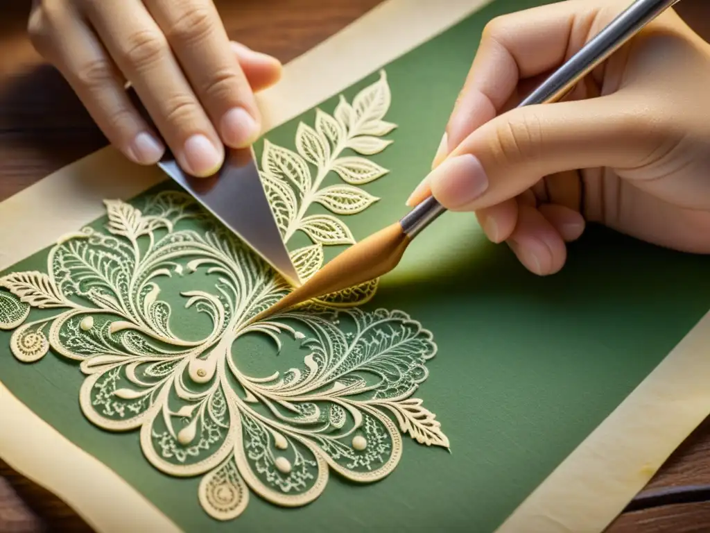 Un hábil artesano crea intrincados diseños de filigrana en papel hecho a mano, con herramientas tradicionales