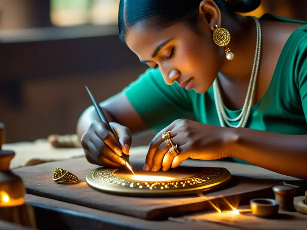 Un hábil artesano crea una joya étnica en un taller vintage iluminado, fusionando tradición con técnicas modernas