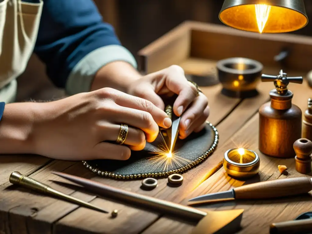 Un hábil artesano crea joyas meticulosamente con herramientas vintage en un banco de trabajo de madera desgastado, iluminado por una cálida luz