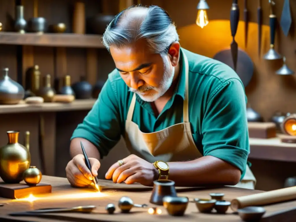Artesano experto creando joyas a mano: detalle y dedicación Un hábil artesano crea joyería a mano en un taller cálido y lleno de herramientas tradicionales, evocando una atmósfera nostálgica y atemporal