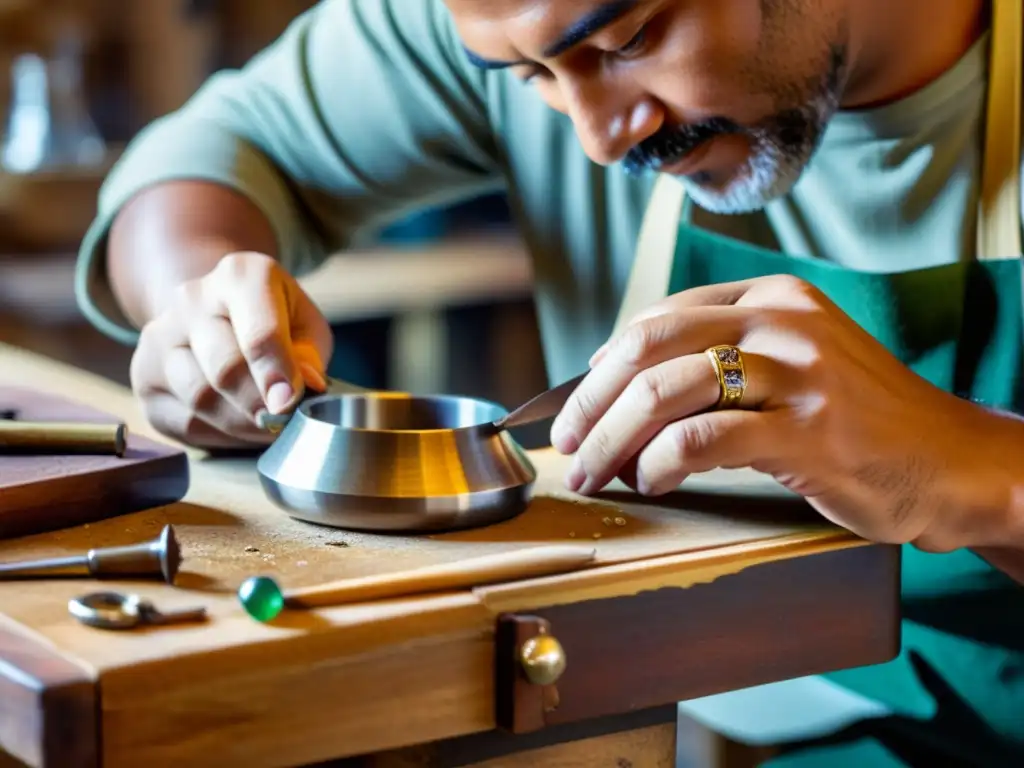 Un hábil artesano trabaja en una joyería tradicional con un toque digital, fusionando arte y tecnología