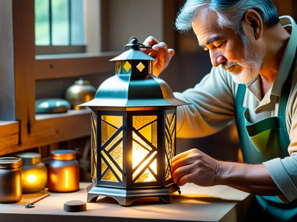 Un hábil artesano crea una lámpara tradicional con cristales y metal ornamental