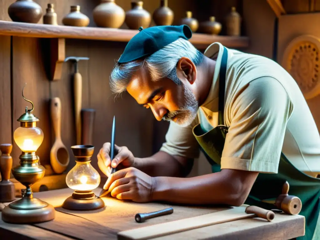 Un hábil artesano tallando madera en un banco de trabajo, iluminado por una lámpara de aceite, evocando la artesanía tradicional vs impresión 3D