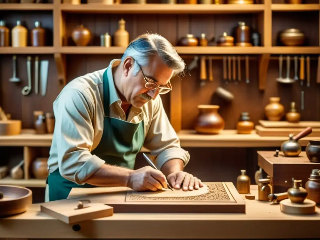 Un hábil artesano tallando madera con dedicación en su taller, evocando tradición y artesanía