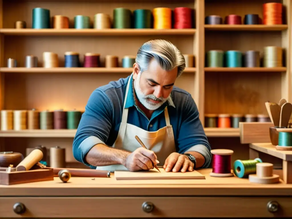 Un hábil artesano talla madera con dedicación, rodeado de herramientas y materiales de artesanía