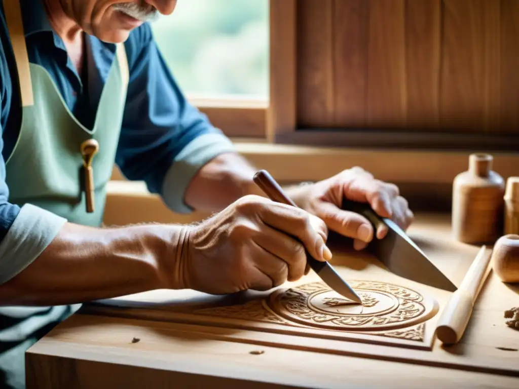 Un hábil artesano talla madera con detalle en su taller tradicional, con luz cálida filtrándose por la ventana