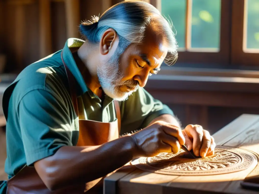 Un hábil artesano tallando madera con concentración, iluminado por cálidos rayos de sol