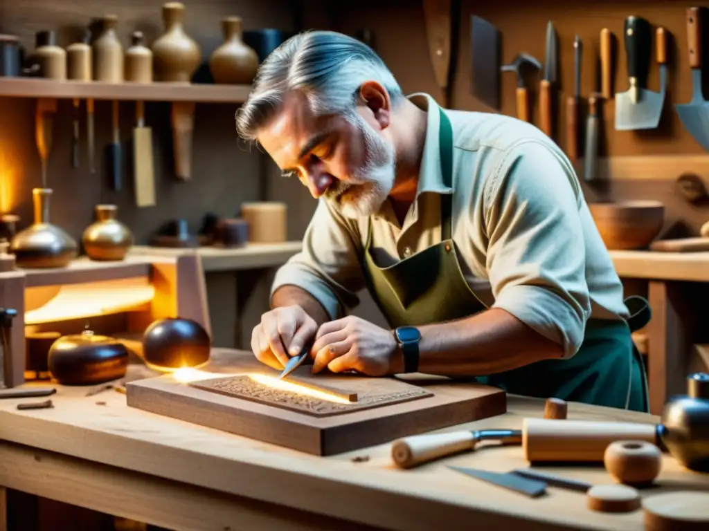 Un hábil artesano talla con precisión en madera, rodeado de herramientas tradicionales, evocando dedicación y artesanía