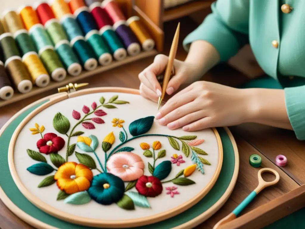 Un hábil artesano borda a mano un diseño colorido en un bastidor de madera, rodeado de herramientas tradicionales y un ambiente cálido y nostálgico