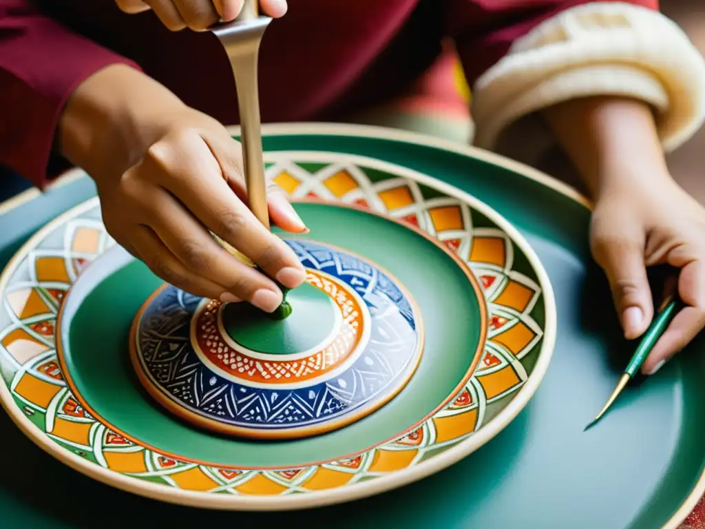 Un hábil artesano pinta a mano patrones tradicionales en un plato de cerámica vintage