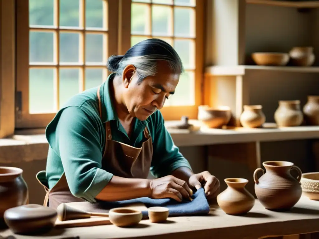 Un hábil artesano elabora a mano una pieza tradicional en su taller, destacando la fusión de la artesanía con la transformación digital