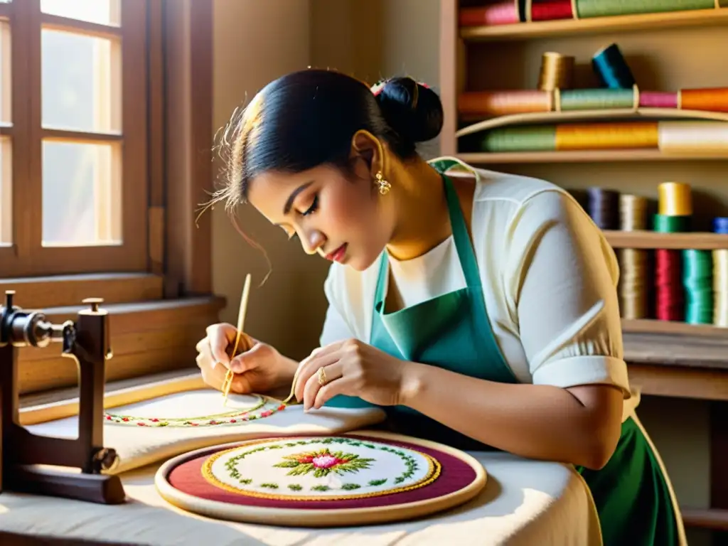 Un hábil artesano bordando a mano en un taller tradicional, creando una atmósfera cálida y nostálgica