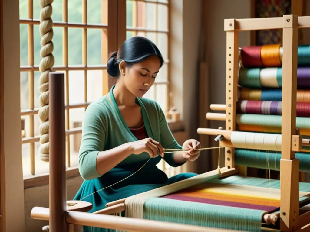 Un hábil artesano teje a mano en un telar rodeado de hilos de colores y patrones textiles