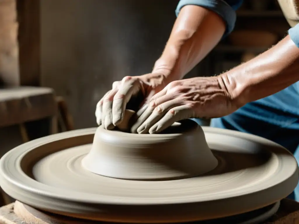 Un hábil artesano moldea con sus manos una pieza de cerámica en un torno vintage, destacando la naturaleza táctil del proceso artesanal