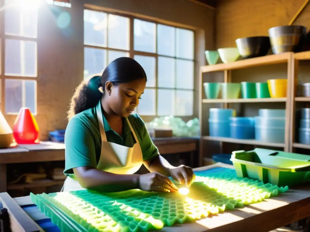 Un hábil artesano trabaja con materiales plásticos reciclados en un taller de producción artesanal digital, creando piezas coloridas