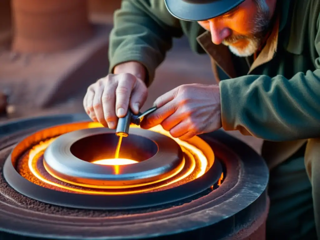 Un hábil artesano moldea metal fundido en una intricada pieza, con la luz del horno reflejada en sus ojos enfocados