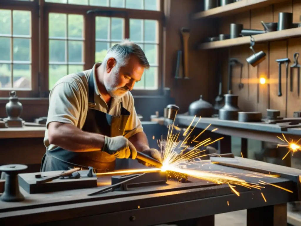 Un hábil artesano trabaja el metal en un taller tradicional, evocando la artesanía tradicional en la era digital con su dedicación atemporal