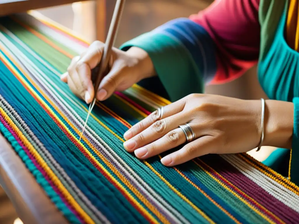 Un hábil artesano teje con meticulosidad una colorida artesanía tradicional en la era digital, iluminado por cálida luz natural