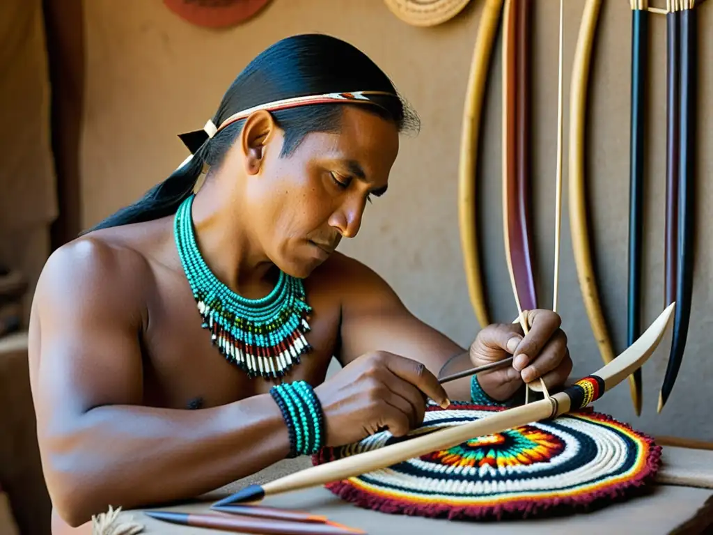 Un hábil artesano nativo americano elabora un arco y flecha tradicional rodeado de coloridas piezas artesanales, en un taller nostálgico